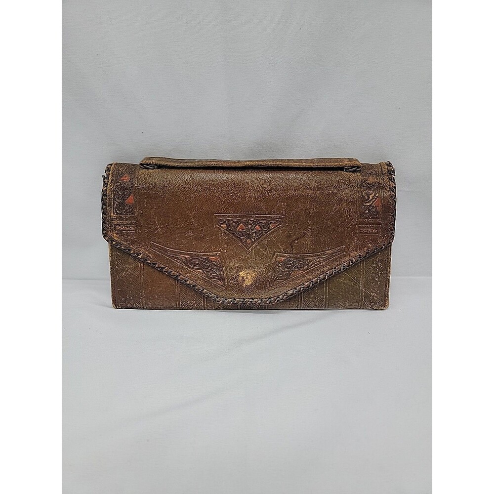 Antique Tooled Leather Clutch Unmarked 9.5x4.5